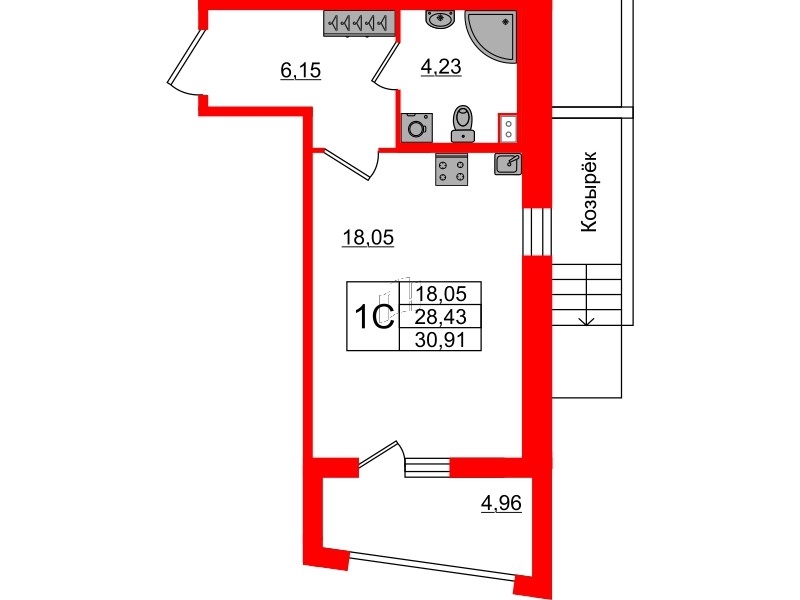 Квартира в ЖК Прайм Приморский, студия, 28.7 м², 1 этаж