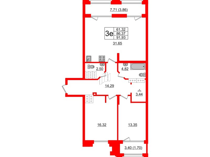 Квартира в ЖК Шепилевский, 2 комнатная, 91.93 м², 20 этаж