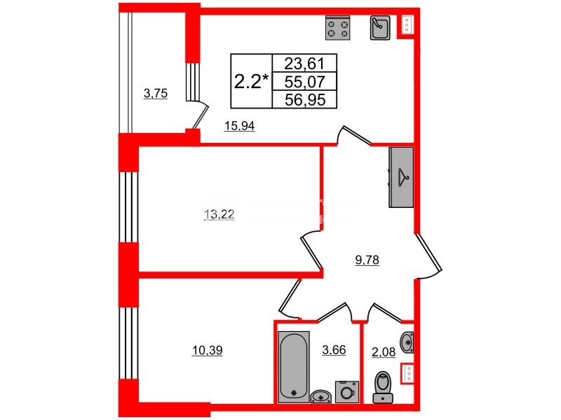 Квартира в ЖК Прайм Приморский, 2 комнатная, 53.4 м², 2 этаж