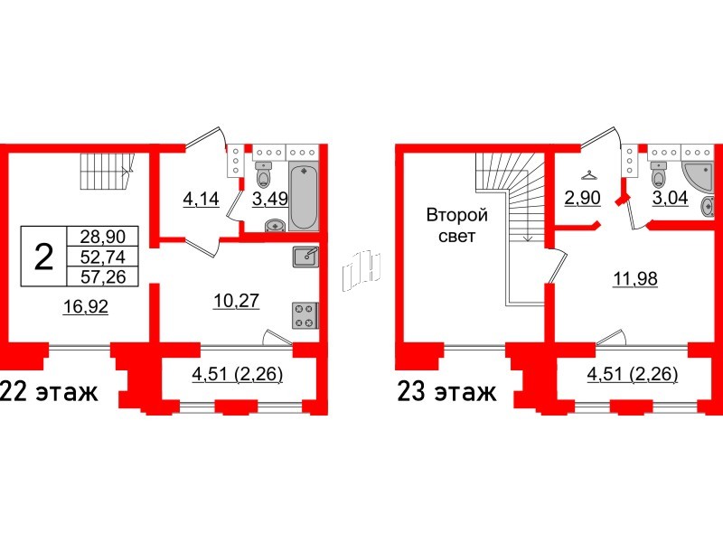 Квартира в ЖК Шепилевский, 2 комнатная, 57.26 м², 22 этаж