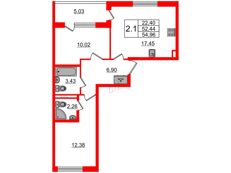 Квартира в ЖК «Дворцовый фасад», 2 комнатная, 52.44 м², 3 этаж