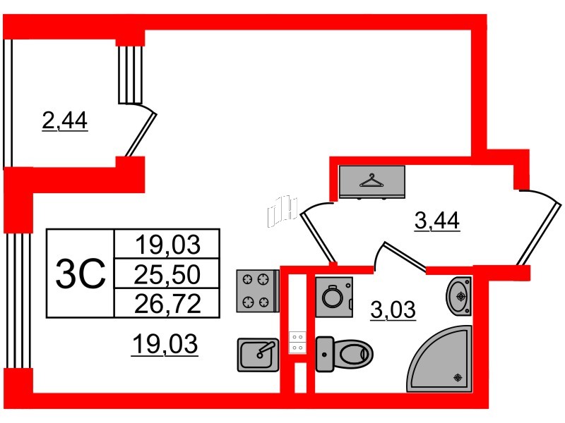 Квартира в ЖК «Дворцовый фасад», студия, 25.9 м², 2 этаж