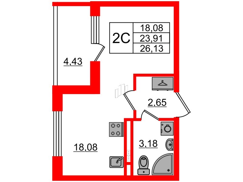 Квартира в ЖК «Дворцовый фасад», студия, 24.4 м², 2 этаж