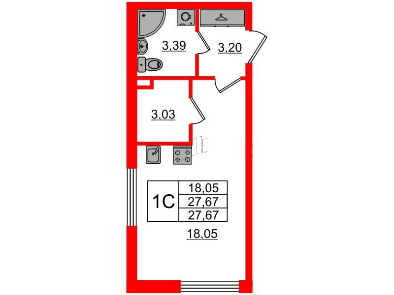 Квартира в ЖК «Дворцовый фасад», студия, 26.9 м², 1 этаж