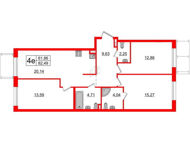 Апартаменты в ЖК «Зум на Неве», 3 комнатные, 82.49 м², 2 этаж