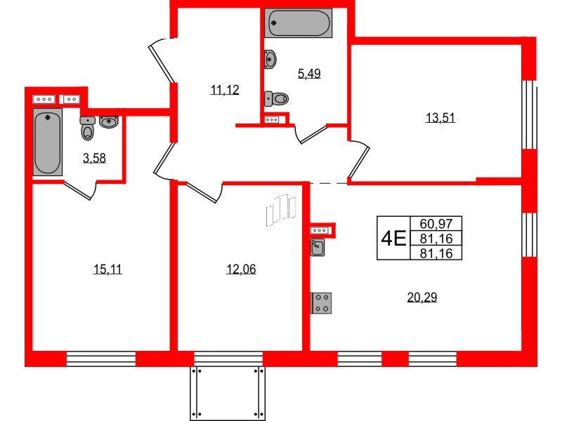Апартаменты в ЖК «Зум на Неве», 3 комнатные, 81.16 м², 2 этаж