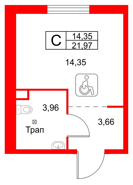 Апартаменты в ЖК ZOOM на Неве, студия, 21.97 м², 12 этаж