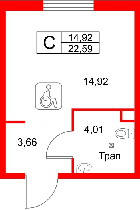 Апартаменты в ЖК «Зум на Неве», студия, 22.59 м², 2 этаж