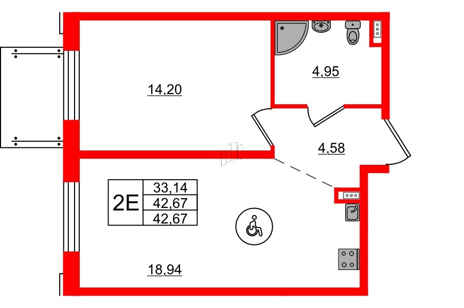 Апартаменты в ЖК ZOOM на Неве, 1 комнатные, 42.67 м², 2 этаж