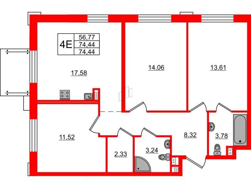 Апартаменты в ЖК «Зум на Неве», 3 комнатные, 74.44 м², 2 этаж