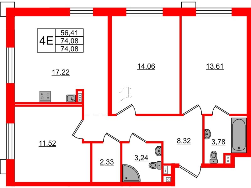 Апартаменты в ЖК «Зум на Неве», 3 комнатные, 74.08 м², 3 этаж