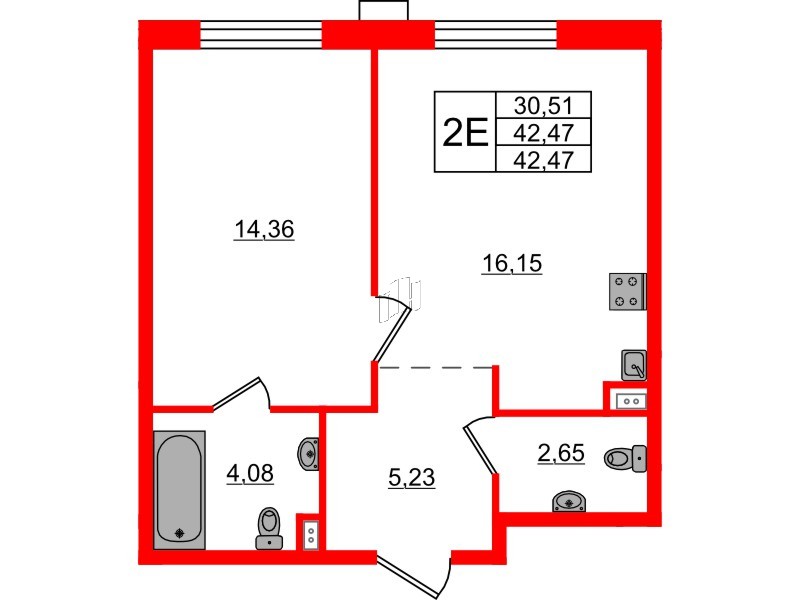 Апартаменты в ЖК ZOOM на Неве, 1 комнатные, 42.47 м², 16 этаж