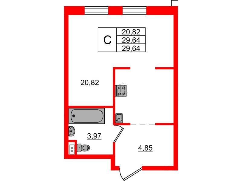 Апартаменты в ЖК ZOOM на Неве, студия, 29.64 м², 16 этаж