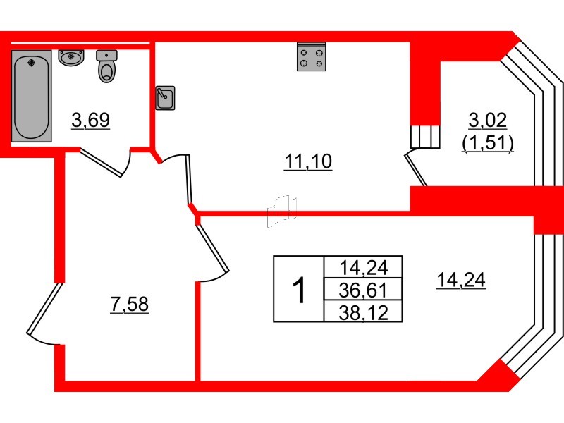 Квартира в ЖК Капральский, 1 комнатная, 38.12 м², 1 этаж