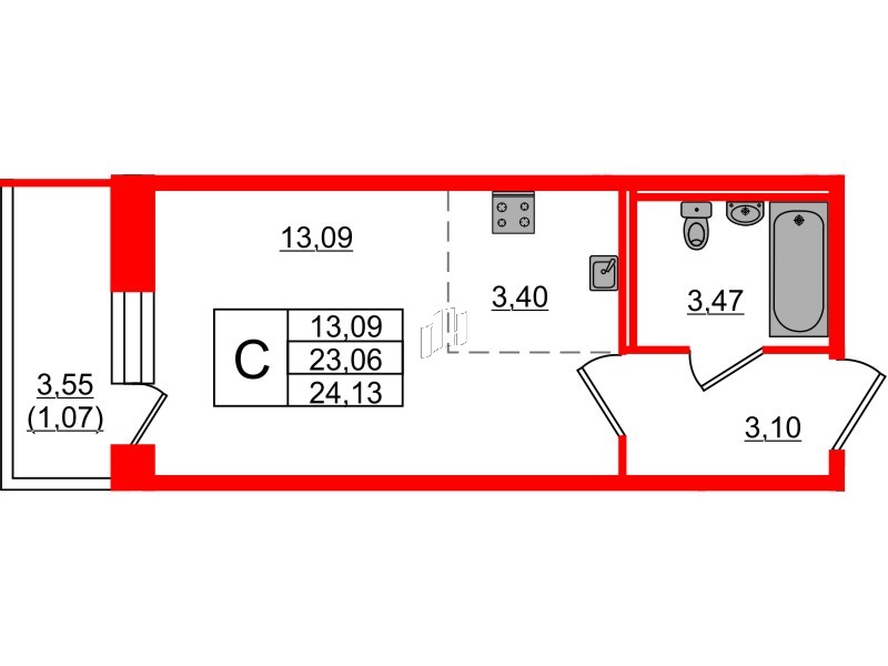 Квартира в ЖК Капральский, студия, 24.13 м², 1 этаж
