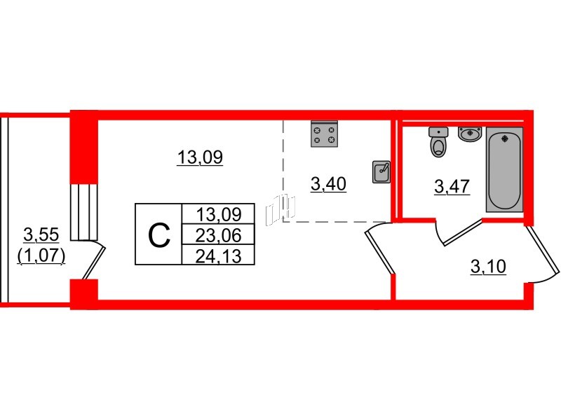 Квартира в ЖК Капральский, студия, 24.13 м², 1 этаж