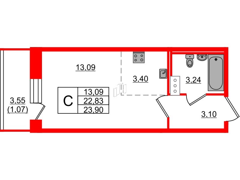 Квартира в ЖК Капральский, студия, 23.9 м², 6 этаж
