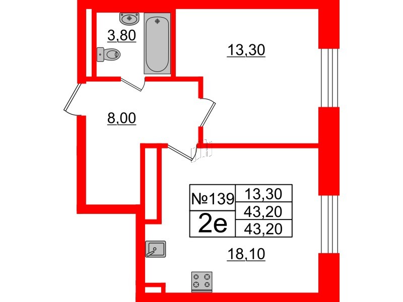 Квартира в ЖК Neva Haus, 1 комнатная, 42.9 м², 9 этаж