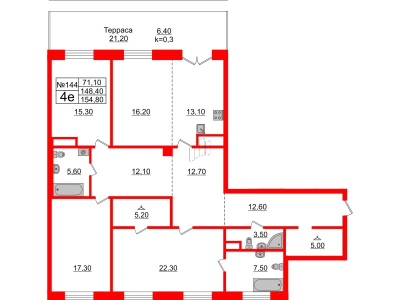 Квартира в ЖК Neva Haus, 3 комнатная, 153.7 м², 9 этаж