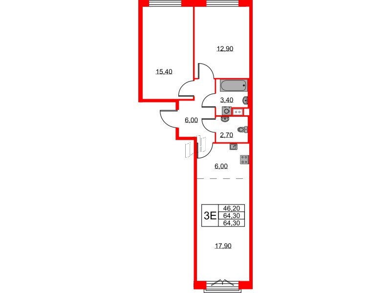 Квартира в ЖК Neva Haus, 2 комнатная, 64.3 м², 8 этаж
