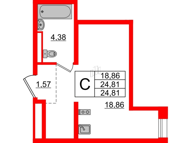 Апартаменты в ЖК ZOOM Черная речка, студия, 24.81 м², 3 этаж