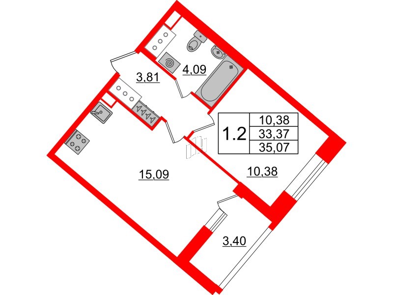Квартира в ЖК «Пульс Премьер», 1 комнатная, 33.37 м², 14 этаж