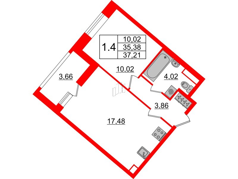 Квартира в ЖК Pulse Premier, 1 комнатная, 35.38 м², 1 этаж