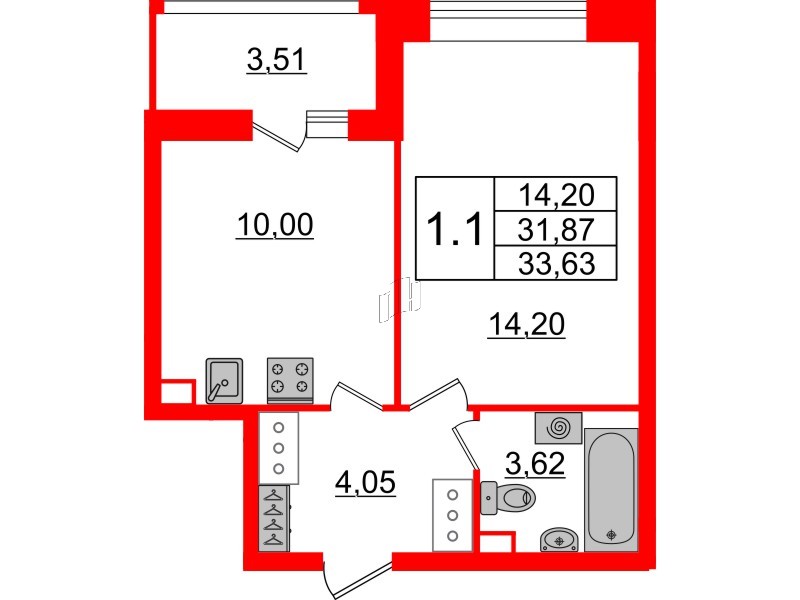 Квартира в ЖК Pulse Premier, 1 комнатная, 31.87 м², 13 этаж