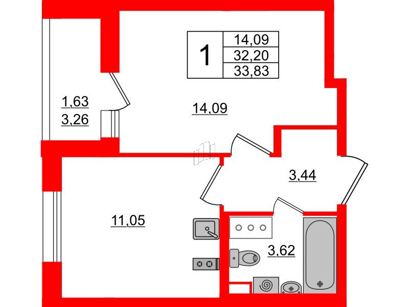 Квартира в ЖК «Аквилон Олл Ин 3.0», 1 комнатная, 33.83 м², 11 этаж