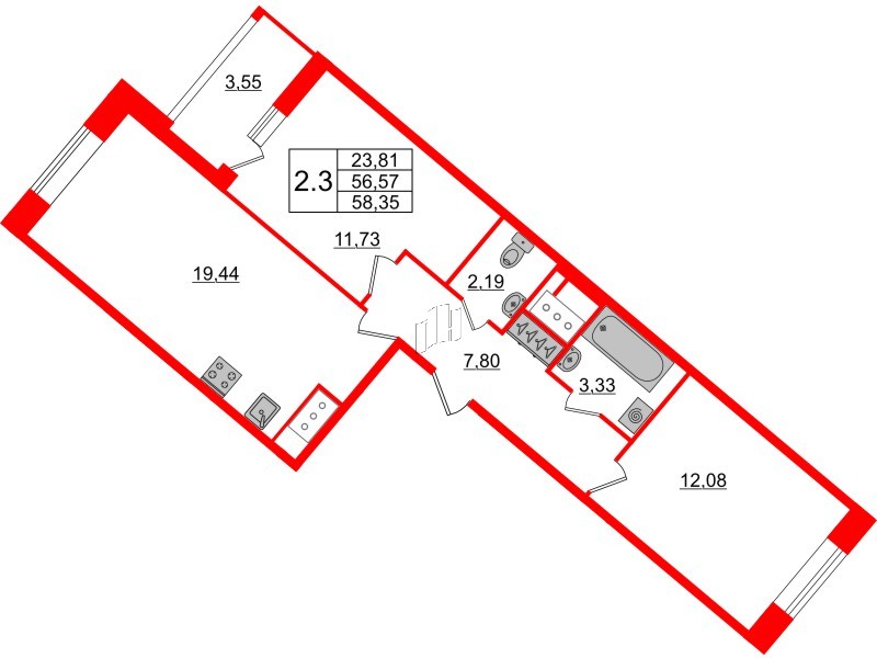 Квартира в ЖК «Пульс Премьер», 2 комнатная, 56.57 м², 16 этаж