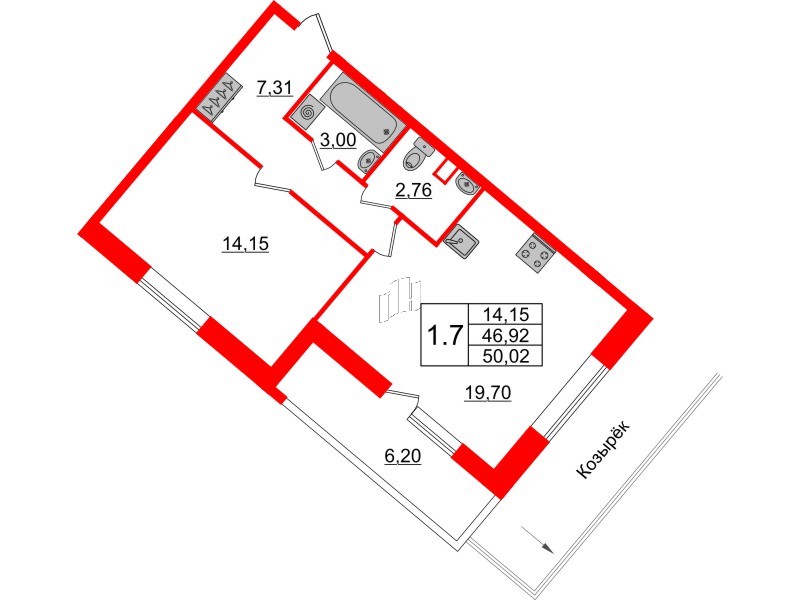 Квартира в ЖК «Пульс Премьер», 1 комнатная, 46.1 м², 2 этаж