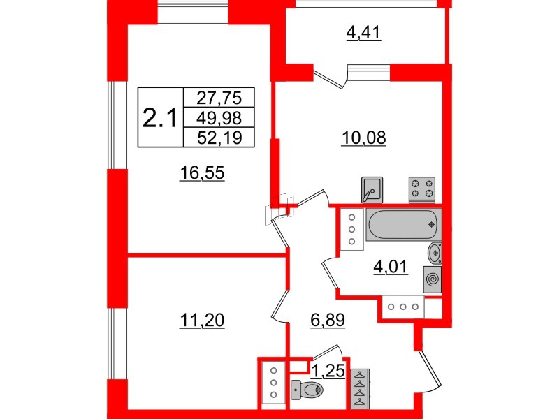 Квартира в ЖК «Пульс Премьер», 2 комнатная, 49.98 м², 6 этаж