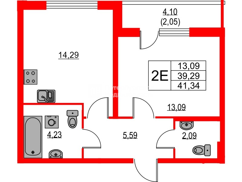 Квартира в ЖК Лайнеръ, 1 комнатная, 41.34 м², 12 этаж