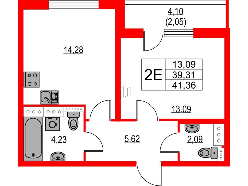 Квартира в ЖК Лайнеръ, 1 комнатная, 41.36 м², 13 этаж