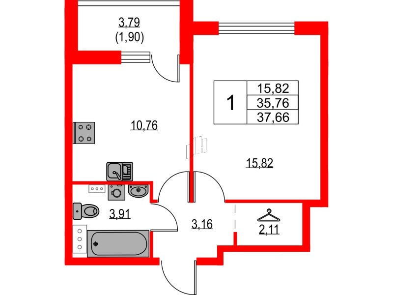 Квартира в ЖК Лайнеръ, 1 комнатная, 37.66 м², 6 этаж