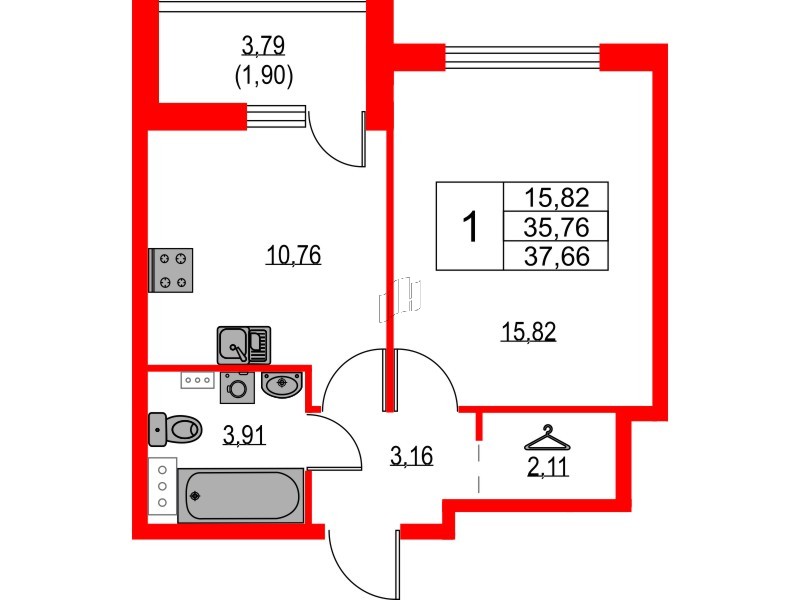 Квартира в ЖК Лайнеръ, 1 комнатная, 37.66 м², 10 этаж