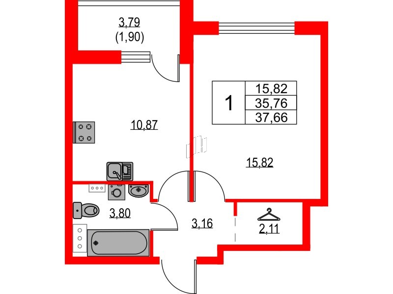 Квартира в ЖК Лайнеръ, 1 комнатная, 37.66 м², 11 этаж