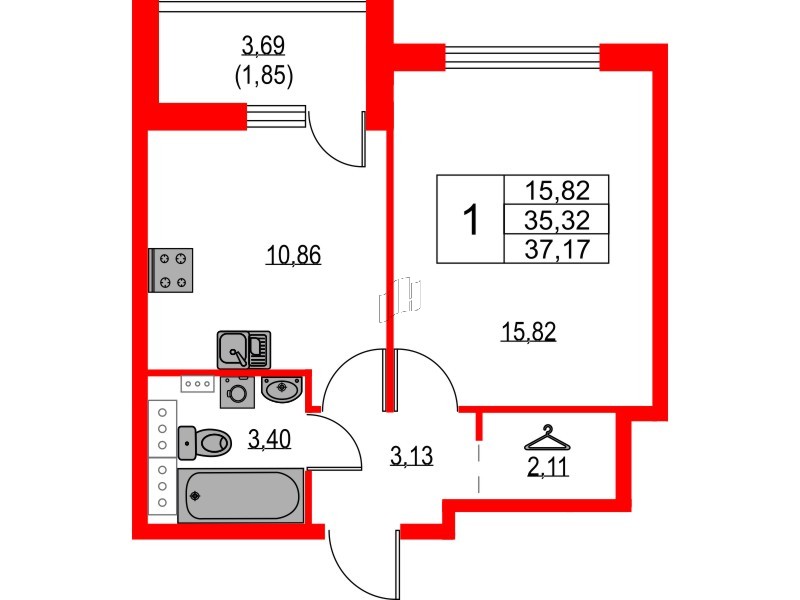 Квартира в ЖК Лайнеръ, 1 комнатная, 37.17 м², 12 этаж