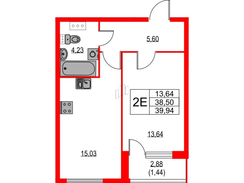 Квартира в ЖК Лайнеръ, 1 комнатная, 39.94 м², 3 этаж