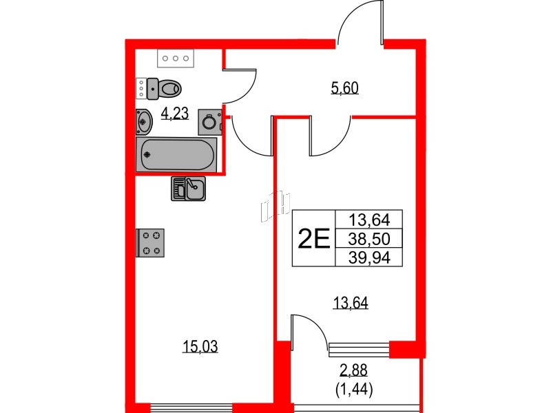 Квартира в ЖК Лайнеръ, 1 комнатная, 39.94 м², 4 этаж