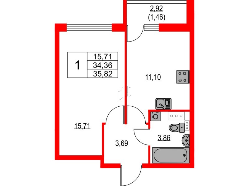 Квартира в ЖК Лайнеръ, 1 комнатная, 35.82 м², 7 этаж
