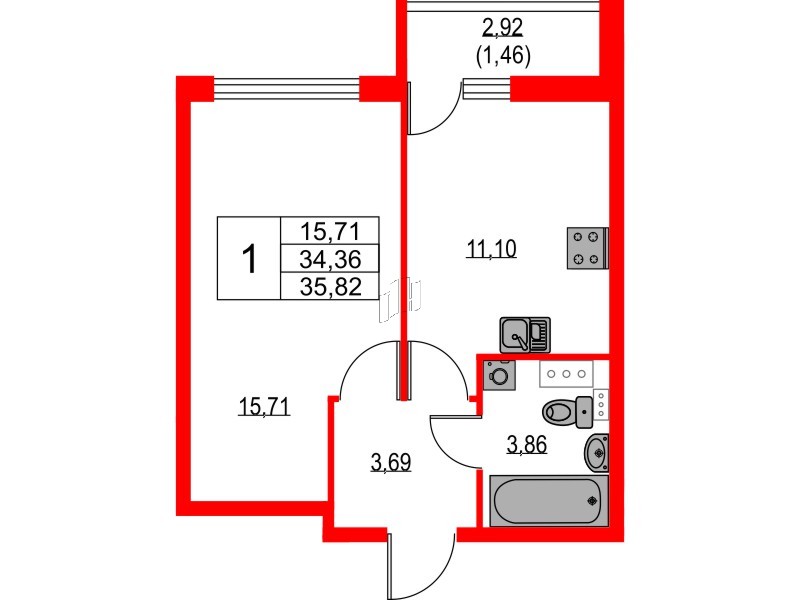 Квартира в ЖК Лайнеръ, 1 комнатная, 35.82 м², 11 этаж