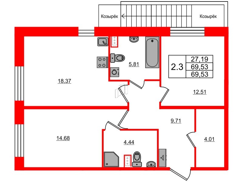 Квартира в ЖК Прайм Приморский, 2 комнатная, 69.53 м², 1 этаж