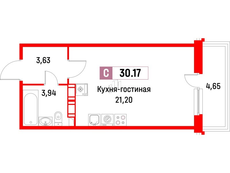 Квартира в ЖК Фотограф, студия, 30.17 м², 6 этаж