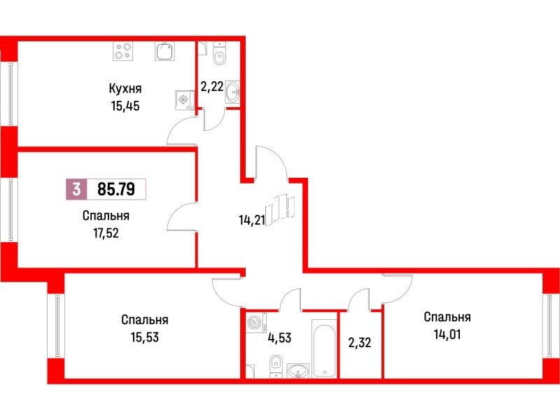 Квартира в ЖК Фотограф, 3 комнатная, 86.1 м², 1 этаж