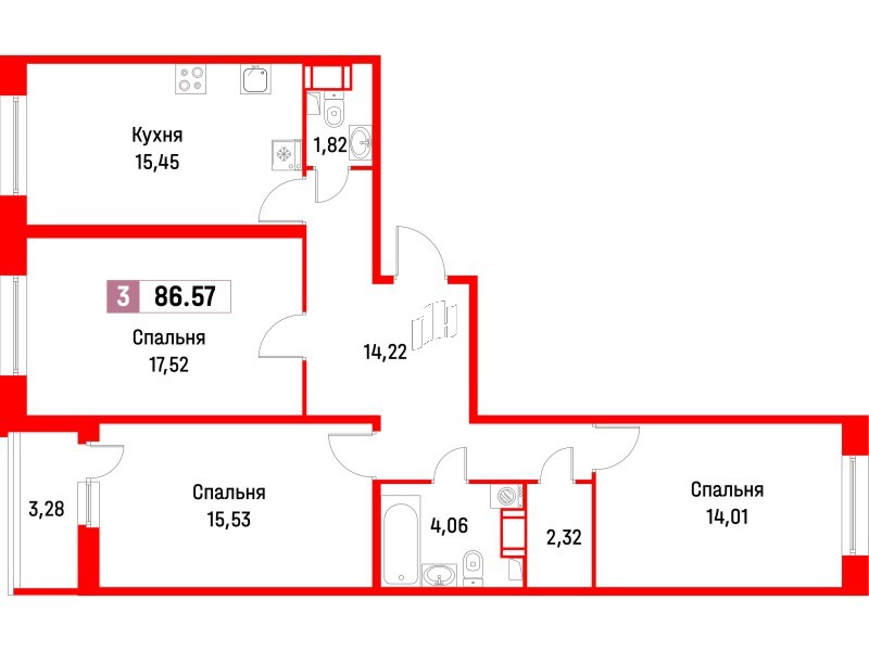 Квартира в ЖК Фотограф, 3 комнатная, 84.6 м², 10 этаж