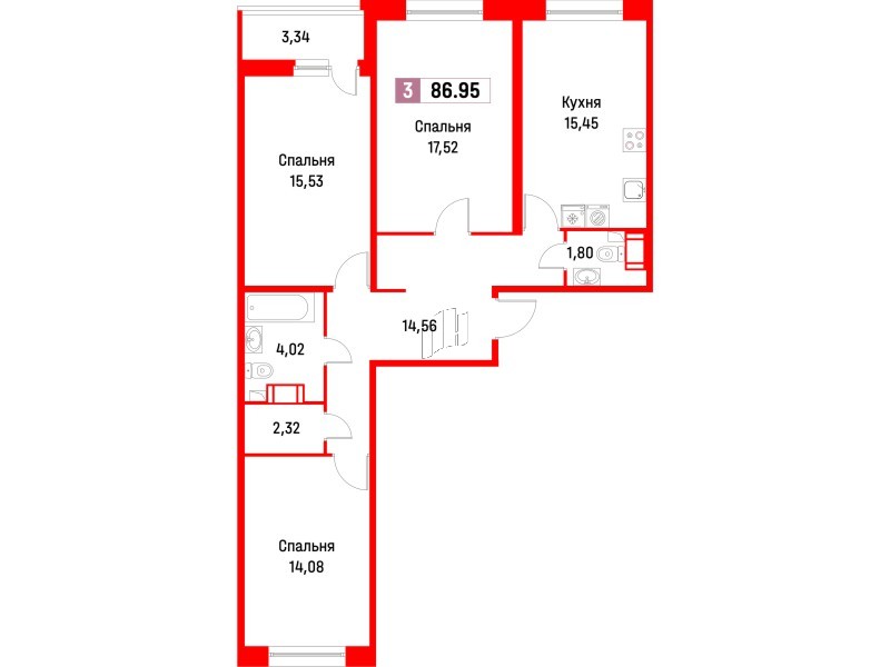 Квартира в ЖК Фотограф, 3 комнатная, 84.9 м², 7 этаж