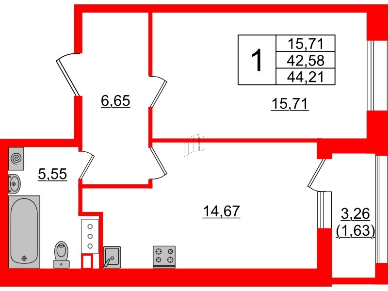 Квартира в ЖК Аквилон Leaves, 1 комнатная, 44.21 м², 2 этаж