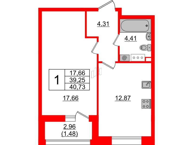 Квартира в ЖК Аквилон Leaves, 1 комнатная, 40.73 м², 2 этаж