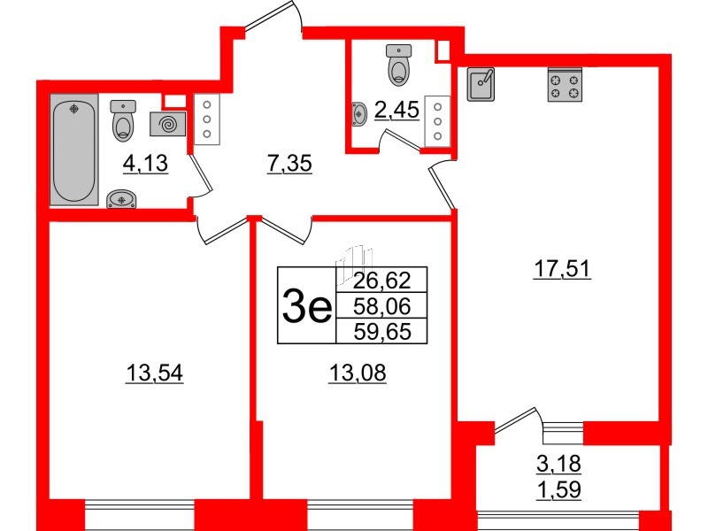 Квартира в ЖК «Аквилон Ливз», 2 комнатная, 59.65 м², 4 этаж